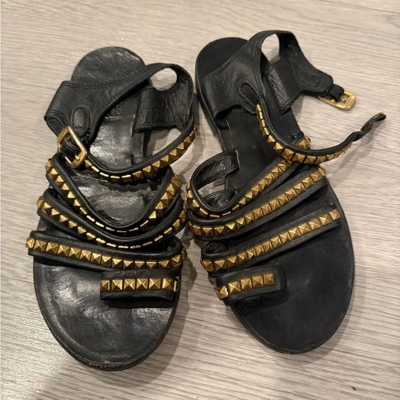 Anine Bing Black Leather & Gold Studded Strappy Sandals Size US 6.5/ EU 37 - Picture 1 of 8